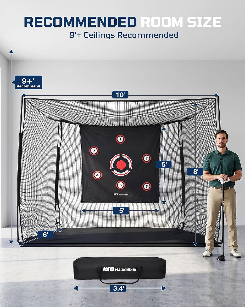 Haokelball Golf Cage with Metal Frame, 10x8x6ft Golf Hitting Nets for Backyard Driving Real Balls, Heavy Duty Net Enclosure with 3-Sides & Target Cloth for Indoor Outdoor Full Swing Practice