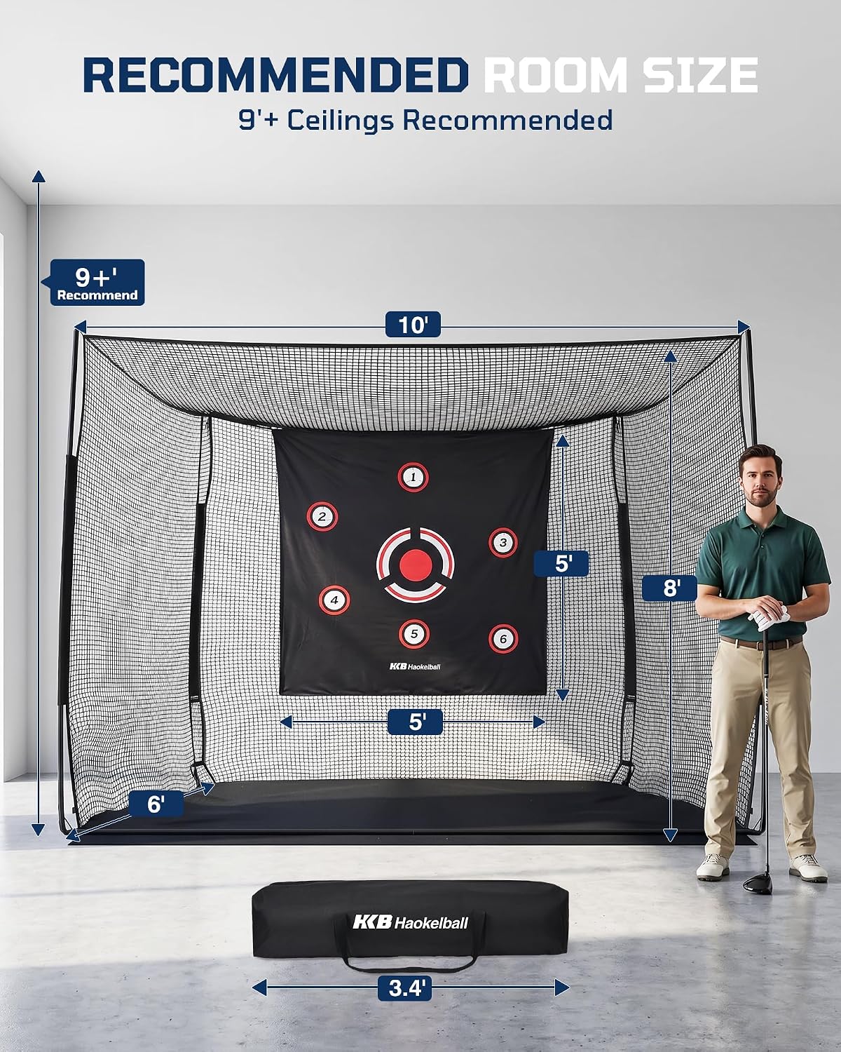 Haokelball Golf Cage with Metal Frame, 10x8x6ft Golf Hitting Nets for Backyard Driving Real Balls, Heavy Duty Net Enclosure with 3-Sides & Target Cloth for Indoor Outdoor Full Swing Practice