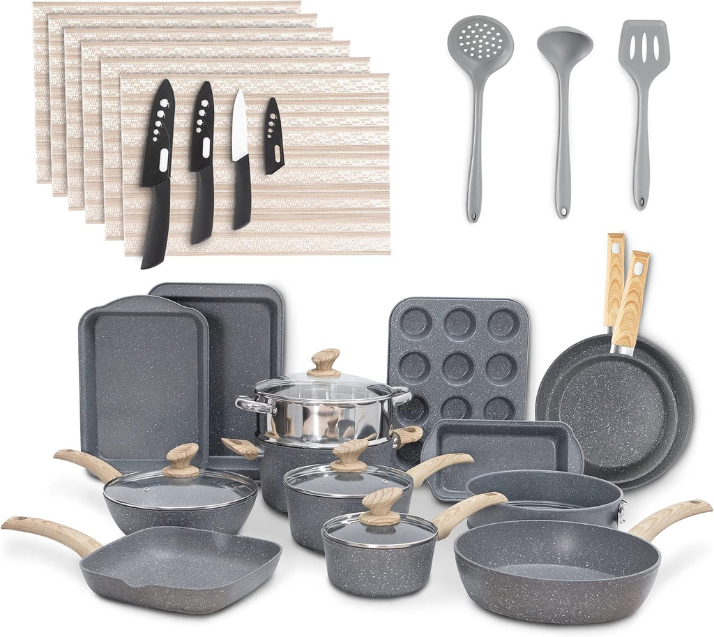 MAISON ARTS Pots and Pans Set Non Stick, 30 Piece Granite Kitchen Cookware Sets, Healthy Non Toxic Pans Set for Cooking Nonstick, PFOA&PFOS Free, Grey