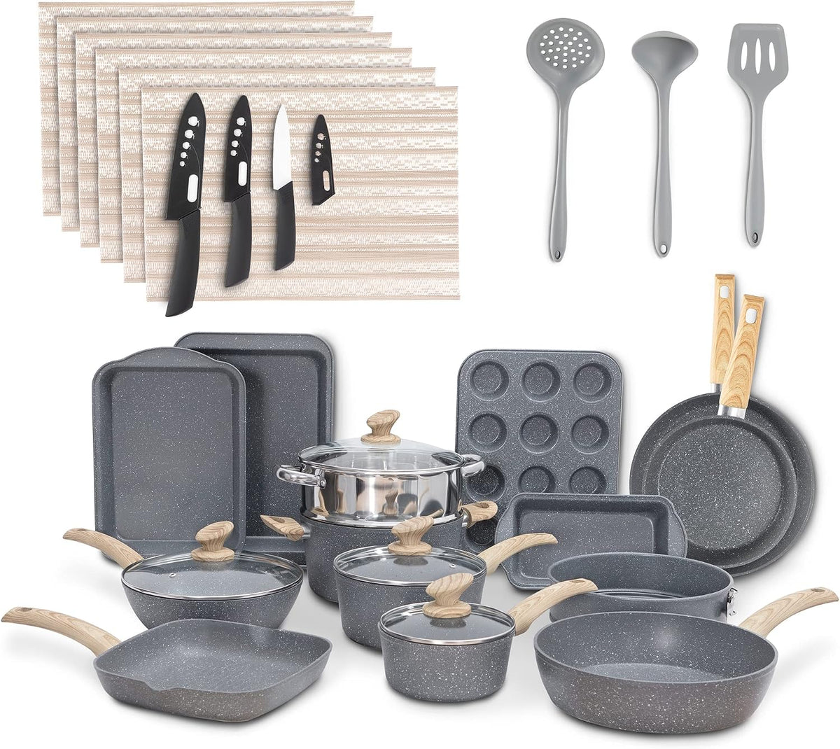 MAISON ARTS Pots and Pans Set Non Stick, 30 Piece Granite Kitchen Cookware Sets, Healthy Non Toxic Pans Set for Cooking Nonstick, PFOA&PFOS Free, Grey