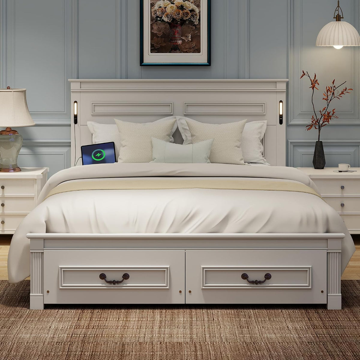 Queen Size Wood Platform Bed with Headboard, LED Light & Charging Station, Elegant Rustic Style Platform Bed Frame with Storage Drawers, No Box Spring Needed, Space Saving Design, White