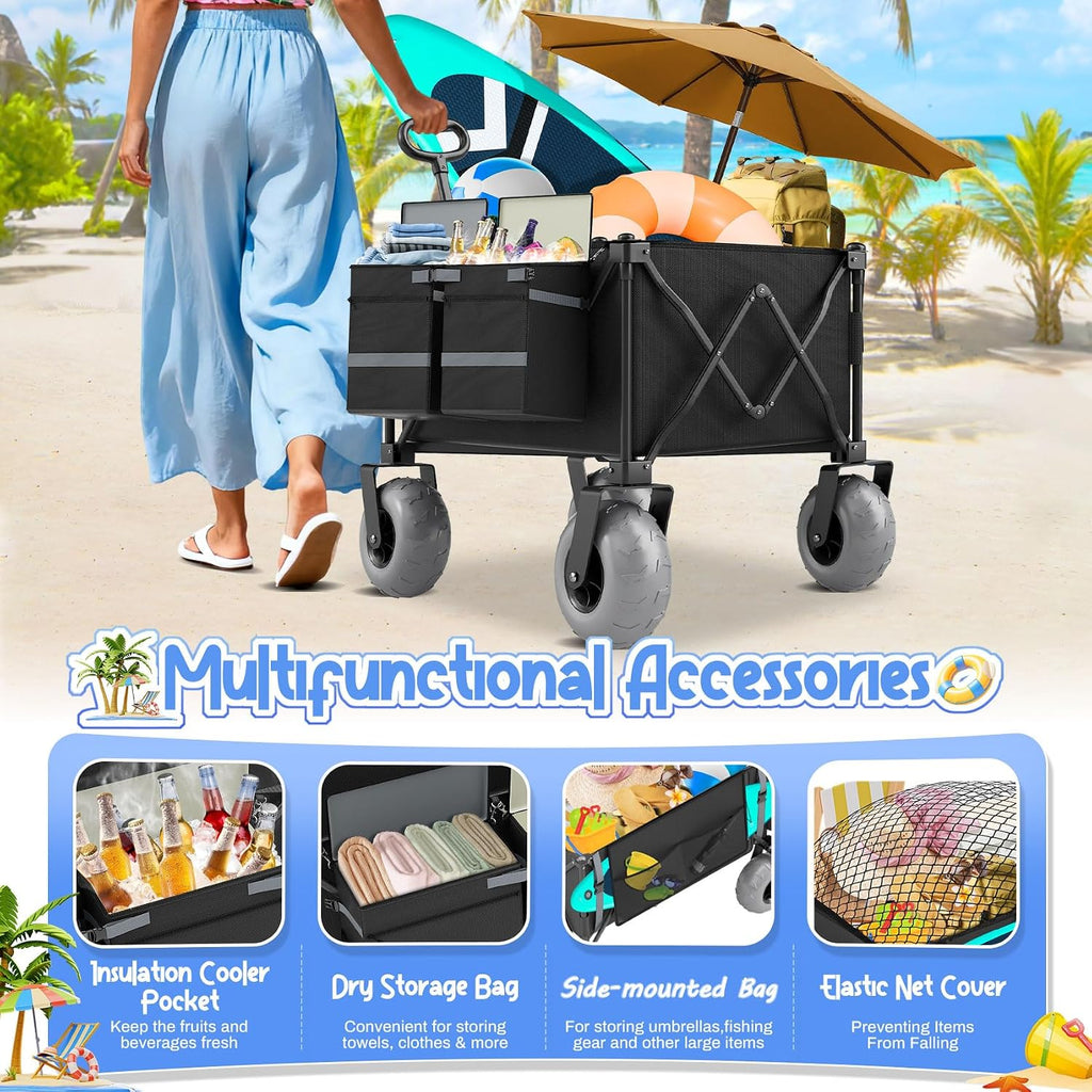 Beach Wagon with Big Wheels for Sand Heavy Duty Collapsible Wagon with 9' All Terrain Inflatable Tires, Foldable Beach Cart for Camping Outdoor Grocery Shopping Garden Sports