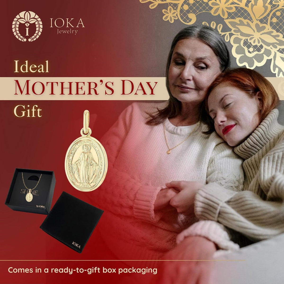 Ioka 14K Solid Yellow Gold Virgin Mary Miraculous Medal Pendant – Classic Catholic Religious Charm Jewelry for Men & Women