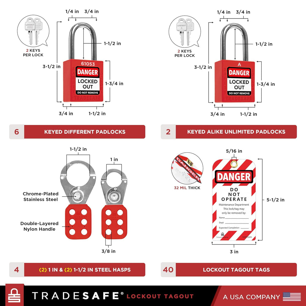 TRADESAFE Valve Lockout Tagout Kit - 55 Loto Devices, Ball, Butterfly, and Gate Valve Lockout Devices, Loto Locks, Cable Lock, Hasps, Tags, OSHA Compliant