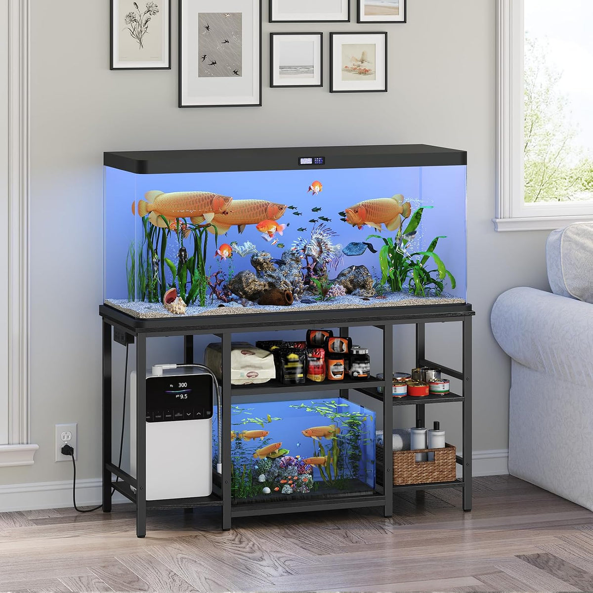MAHANCRIS Mobile Printer Stand and 55-75 Gallon Fish Tank Stand Bundle, 3-Tier Industrial Printer Cart with Power Outlets and 2 USB Ports, Heavy Duty Reptile Terrarium Tank Stand, PTHB78E01-FTBK55E01