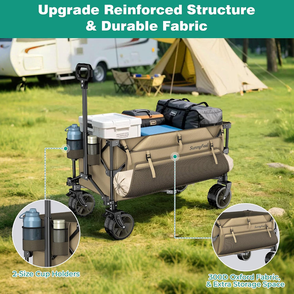 SUNNYFEEL 300L Wagon Cart Foldable - 550LBS Heavy Duty Collapsible Wagon with Big All-Terrain Wheels & Brakes, Extra Large Folding Utility Wagon for Camping, Grocery, Shopping, Sports, Beach, Khaki