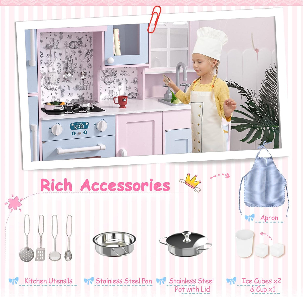 BRINJOY Play Kitchen for Kids, Wooden Kids Kitchen Playset w/Faucet, Sink, Stove, Oven, Window, Cookware, Storage Cabinets, Toddler Role Play Kitchen Pretend Play Toy Set Gift for Girls Boys Ages 3+