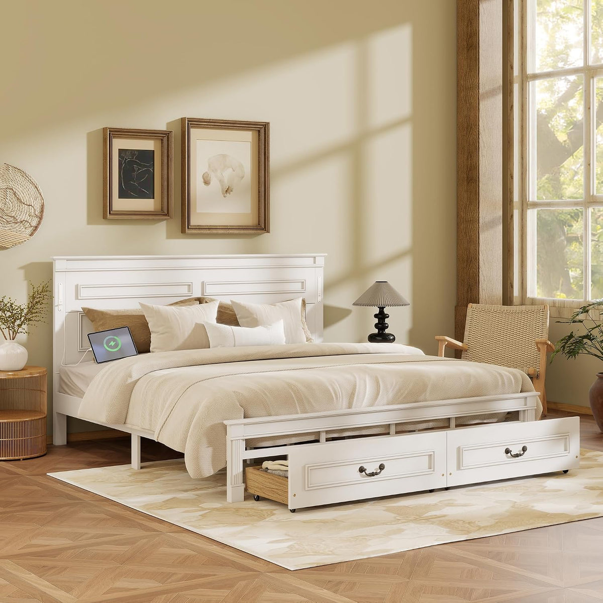 King Size Platform Bed with 2 Drawers, LED Light & Charging Station, Sturdy Wood Bed Frame with Headboard, No Box Spring Needed, Elegant Rustic Style, White