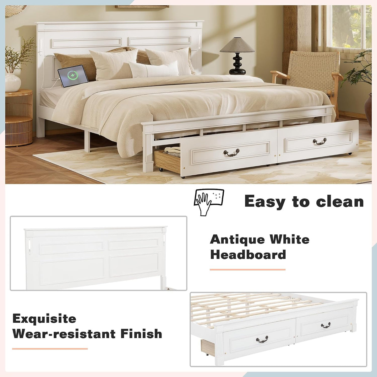 King Size Platform Bed with 2 Drawers, LED Light & Charging Station, Sturdy Wood Bed Frame with Headboard, No Box Spring Needed, Elegant Rustic Style, White