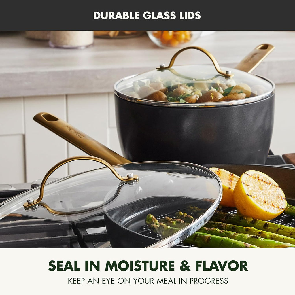 GreenPan Hard Anodized Healthy Ceramic Nonstick 10 Piece Cookware Pots and Pans Set, Gold-Tone Stainless Steel Handles, PFAS-Free, Dishwasher Safe, Oven & Broiler Safe, Black