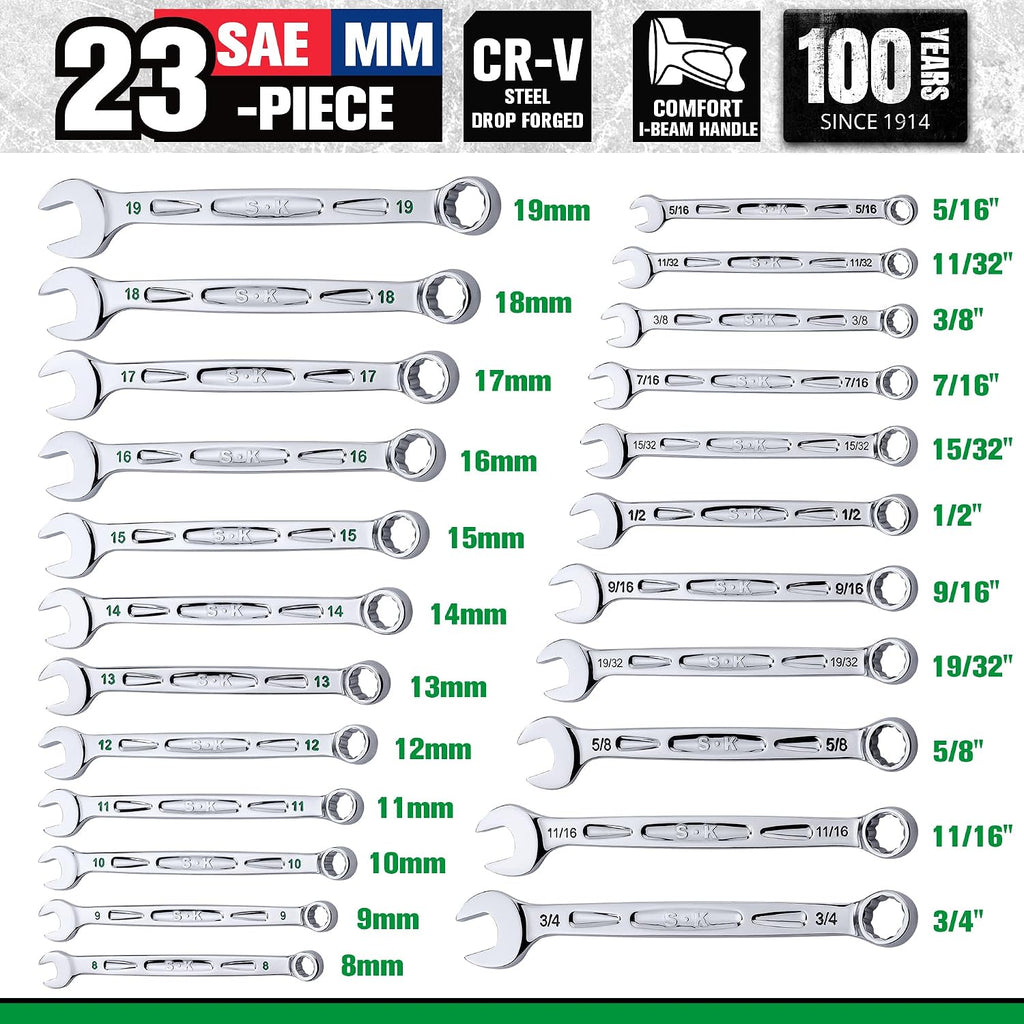 SK Combination Wrench Set, SAE 5/16' to 3/4', Metric 8 to 19mm, 23-Piece, SuperKrome Finish, Premium CR-V Construction, with Rolling Pouch