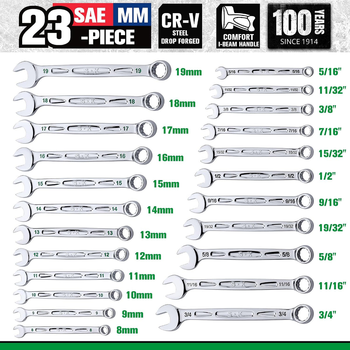 SK Combination Wrench Set, SAE 5/16' to 3/4', Metric 8 to 19mm, 23-Piece, SuperKrome Finish, Premium CR-V Construction, with Rolling Pouch