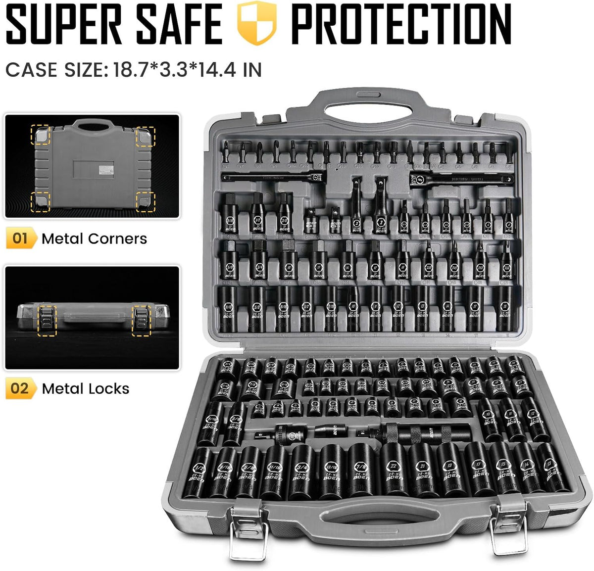 boen 119 Piece Impact Socket Set, 1/2' & 3/8' Drive Socket Set Deep/Shallow SAE/Metric, Cr-MO & S2, 6 Point, Impact Bit, Allen Sockets Included