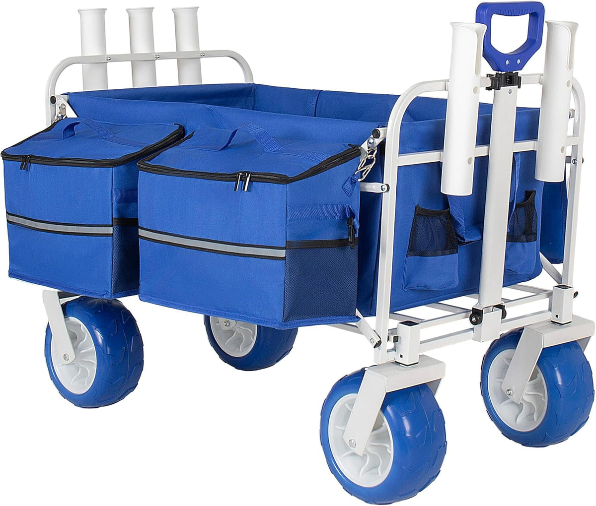 Beach Fishing Wagon Cart with All-Terrain Big Wheels, 500lbs Load Heavy Duty Wagons Carts Foldable with Removable Cooler & Storage Bags for Sand Shopping Garden Sports Camping Outdoor (Blue1)