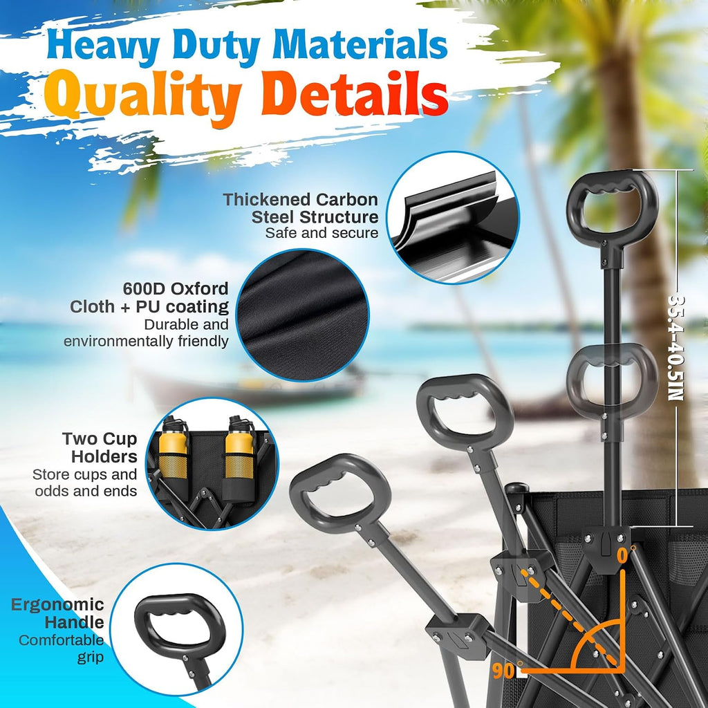 Heavy Duty Beach Wagon with 9' Big Wheels for Sand - 450lbs Load Foldable Wagon with Adjustable Handle & Cooler Bag, Collapsible Beach Cart for Shopping Garden Sports Camping Outdoor