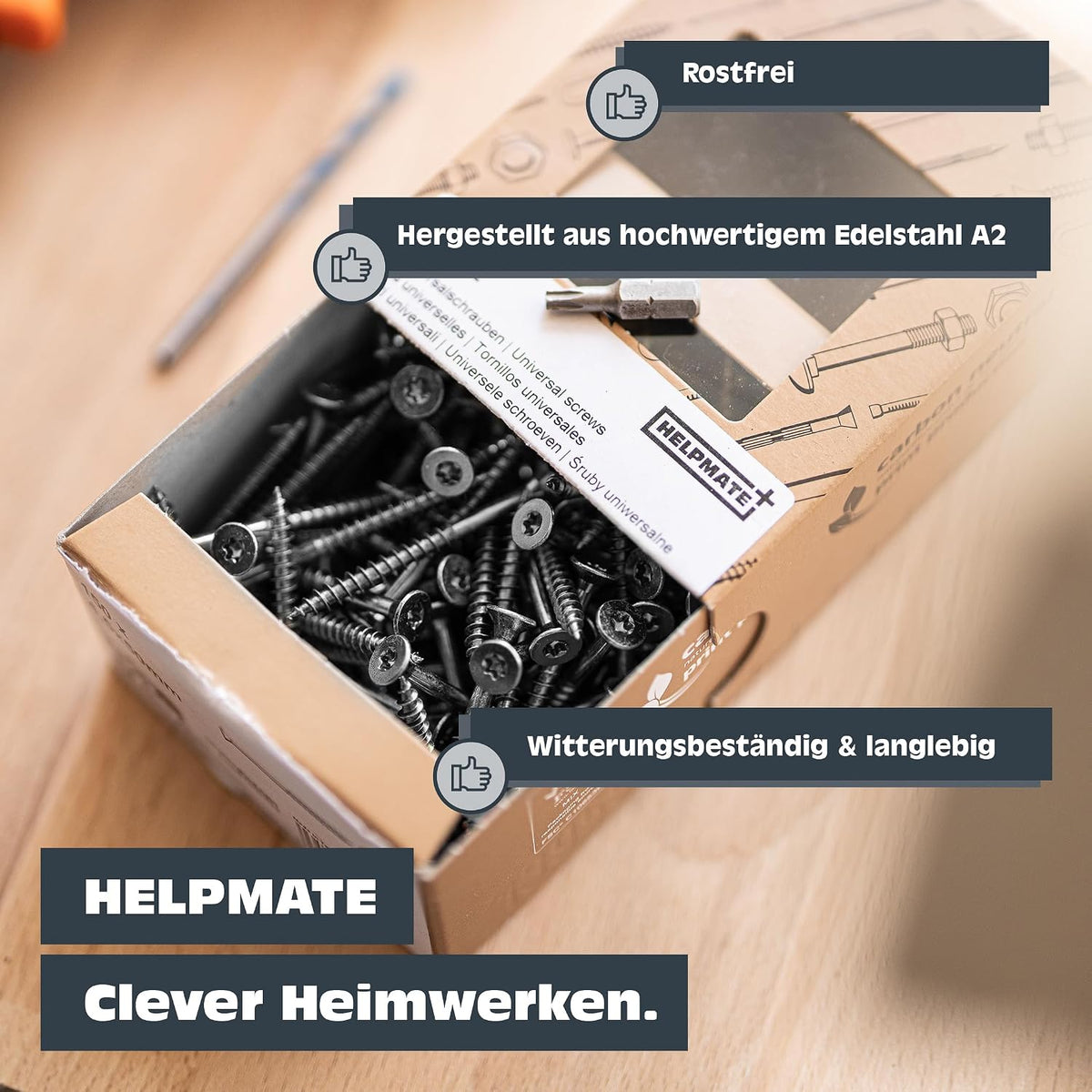 HELPMATE - Universal Countersunk Screws 5.0 x 50 Stainless Steel A2 Rustproof - Pack of 250 Wood Screws with T-Drive and Partial Thread - Chipboard Screws for Indoor and Outdoor Use