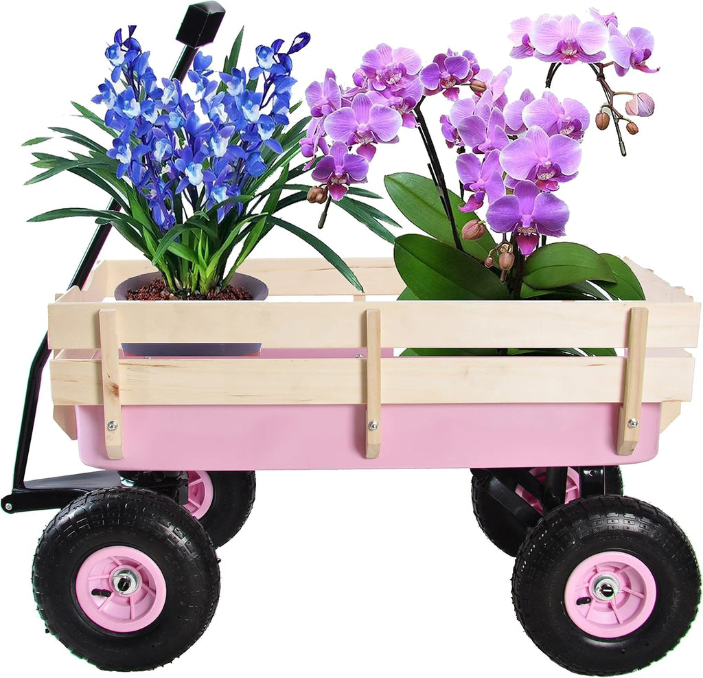 Outdoor Sport All Terrain Pulling Wagon With Removable Wooden Side Panels, Air Tires, Big Foot Panel, Sturdy Steel Bed for Kids' Pull-Along (Pink)
