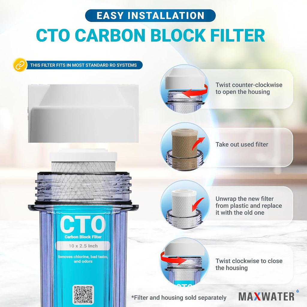 Max Water 5 Micron 10 x 2.5 CTO Carbon Water Filter Cartridge for Whole House Filtration Systems Compatible with WHEF-WHWC, WHCF-WHWC, FXWTC, AMZN-SCWH-5, CTO10, 25-Pack