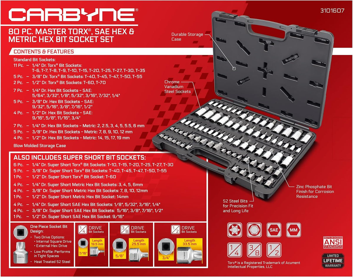 CARBYNE 80-Piece Master Torx, SAE Hex (Allen) and Metric Hex (Allen) Bit Socket Set with 30 Stubby Low Profile Super Short, S2 Steel Bits, CrV Sockets, 1/4 3/8 1/2 in. Drive, Durable Case