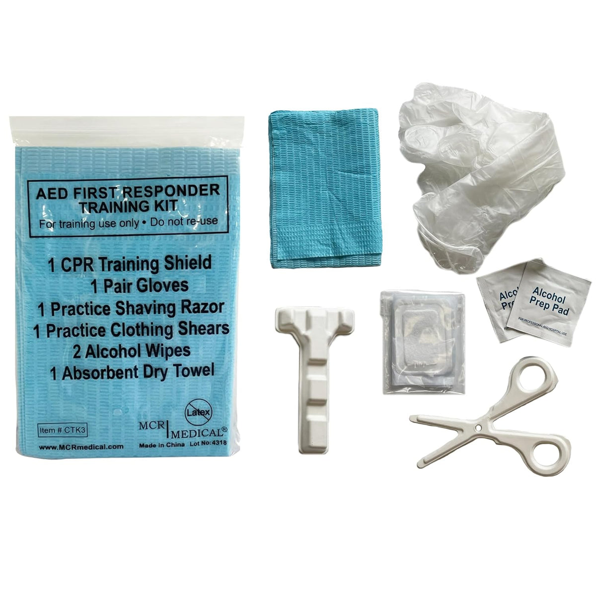 MCR Medical Case of 100 Deluxe AED First Responder Training Kit with Simulated Razor, Scissors, & More