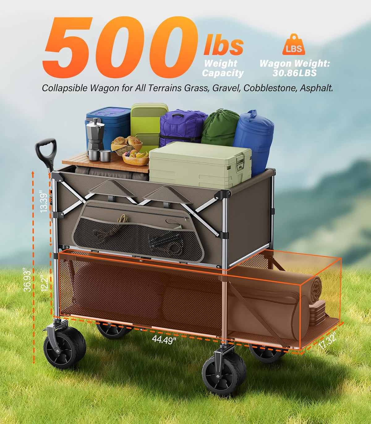 Collapsible Wagon Double Decker,Wagons Carts Foldable,Heavy Duty Wagon Camping Sports Garden Grocery,Utility Wagon for All Terrain Brown