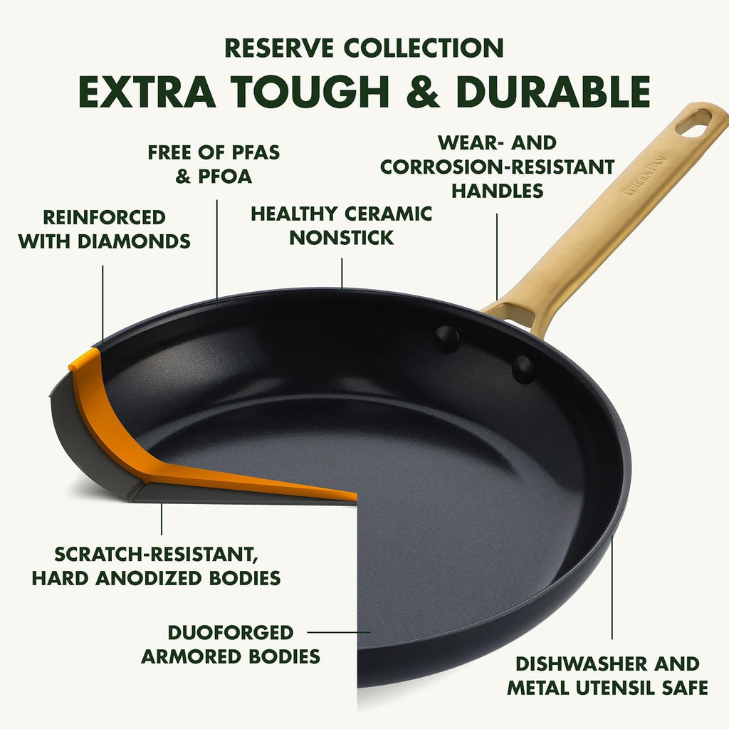 GreenPan Hard Anodized Healthy Ceramic Nonstick 5 Piece Cookware Pots and Pans Set, Gold Handle, PFAS-Free, Dishwasher Safe, Oven Safe, Black
