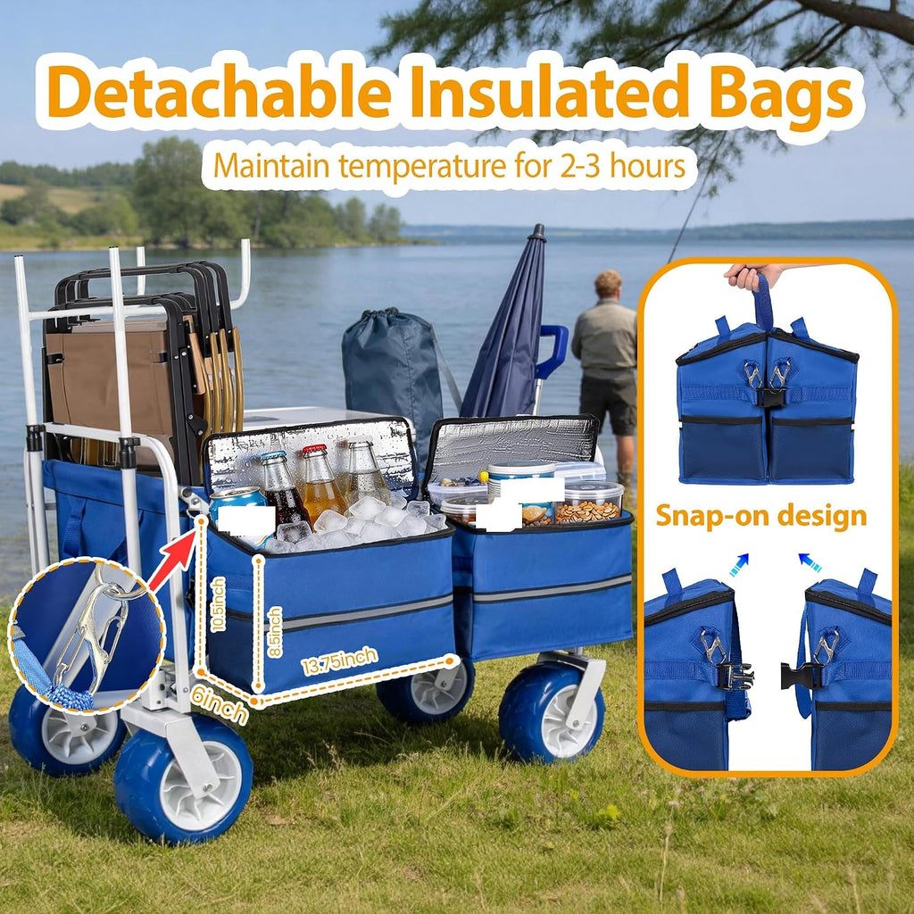 500lbs Heavy-Duty Beach Wagon Cart.9 All-Terrain Wheels,Adjustable Handle,Folding Chair Racks,Insulated Cooler Bags &Multi-Pocket Storage for Beach,Camping &Outdoor Sports.Collapsible Utility Wagon