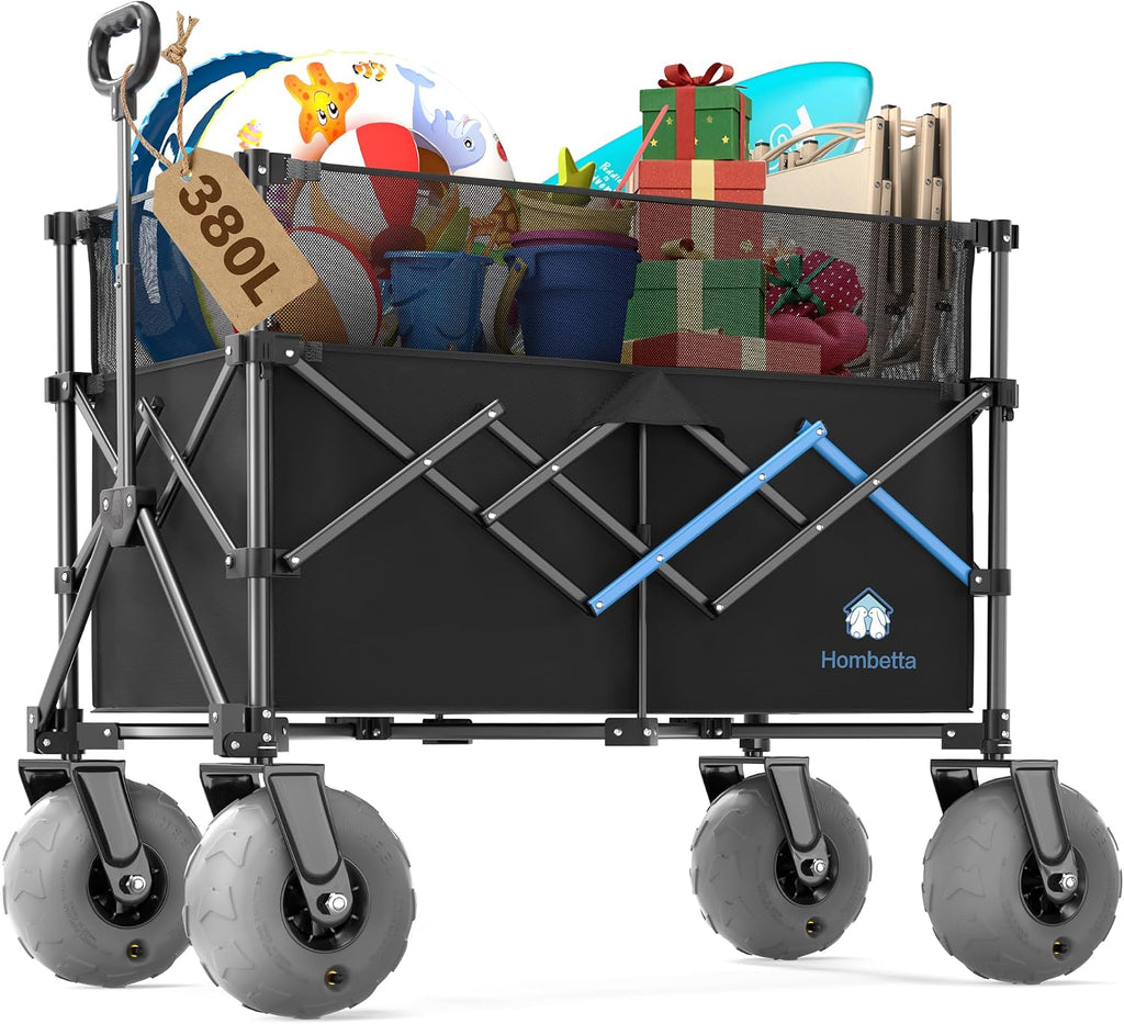 Beach Wagon with Big Wheels for Sand, 450LBS Heavy Duty Foldable Collapsible Wagons Carts with 9' All Terrain Inflatable Tires, Adjustable Capacity 200L–380L for Groceries, Camping, Sports