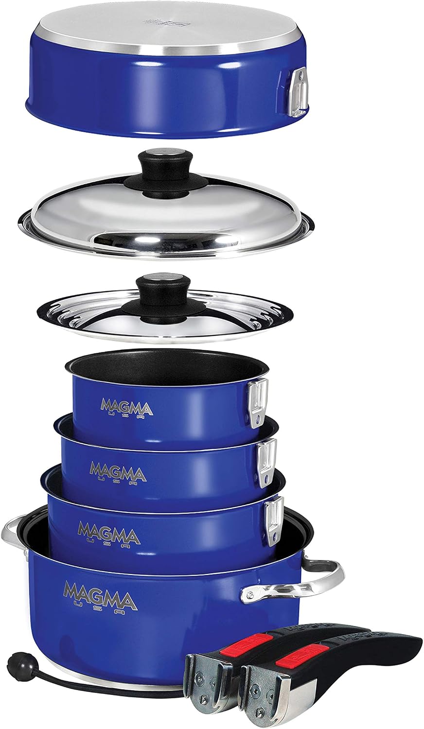 Magma 10 Piece Gourmet Nesting Stainless Steel Cookware Set with Ceramica Non-Stick, Induction Compatible, Oven Safe to 500°F - Suitable for All Stovetops, Removable Handles, Cobalt Blue