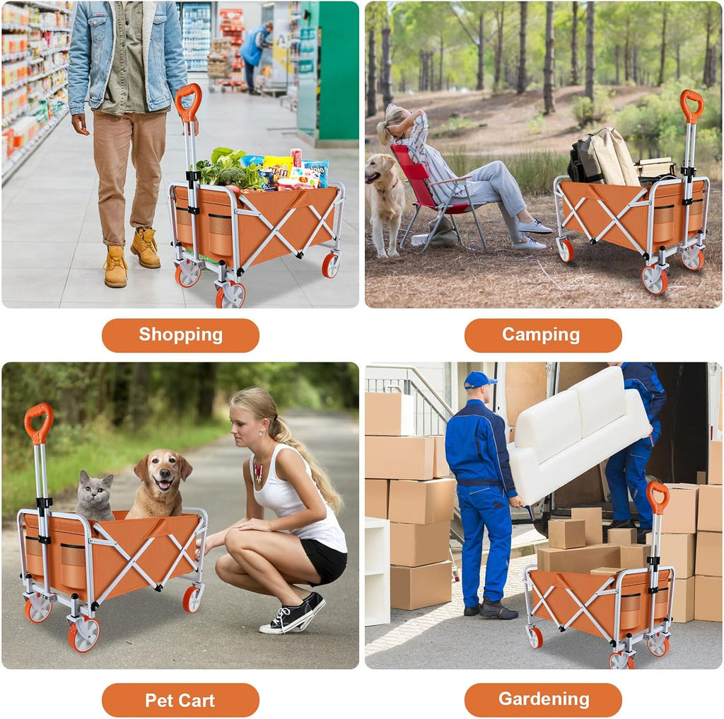 Orange Wagon for Groceries - Heavy Duty Wagon Cart with Wheels Collapsible, Large Capacity Utility Grocery Cart for Outdoor Garden Shopping and Sports