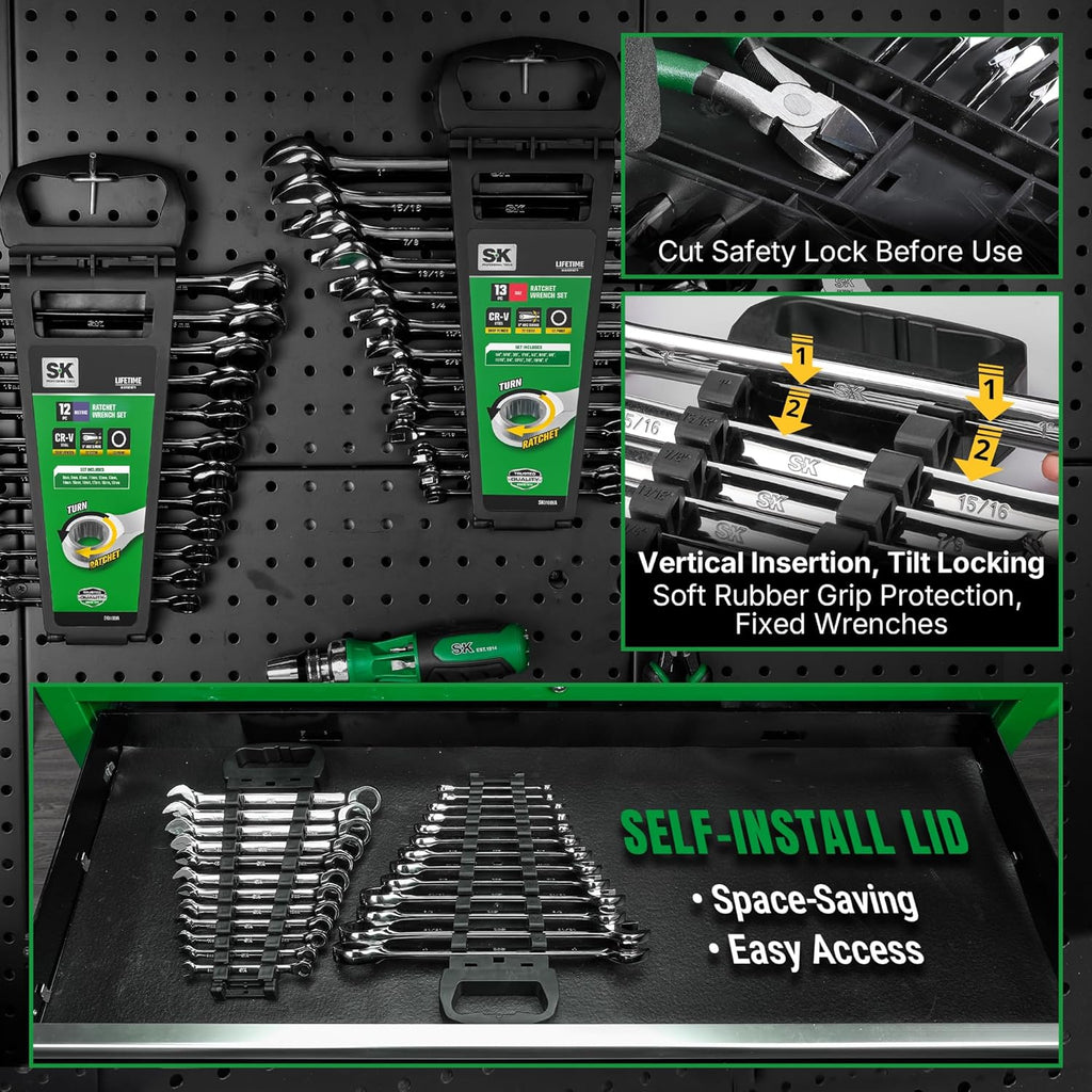 SK Ratcheting Wrench Set, Combination Wrench Set, 25-Piece, SAE 1/4' to 1', Metric 8 to 19mm, 72-Tooth, Premium CR-V Construction, with Rack Organizer