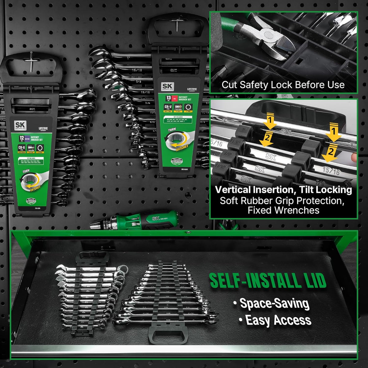 SK Ratcheting Wrench Set, Combination Wrench Set, 25-Piece, SAE 1/4' to 1', Metric 8 to 19mm, 72-Tooth, Premium CR-V Construction, with Rack Organizer