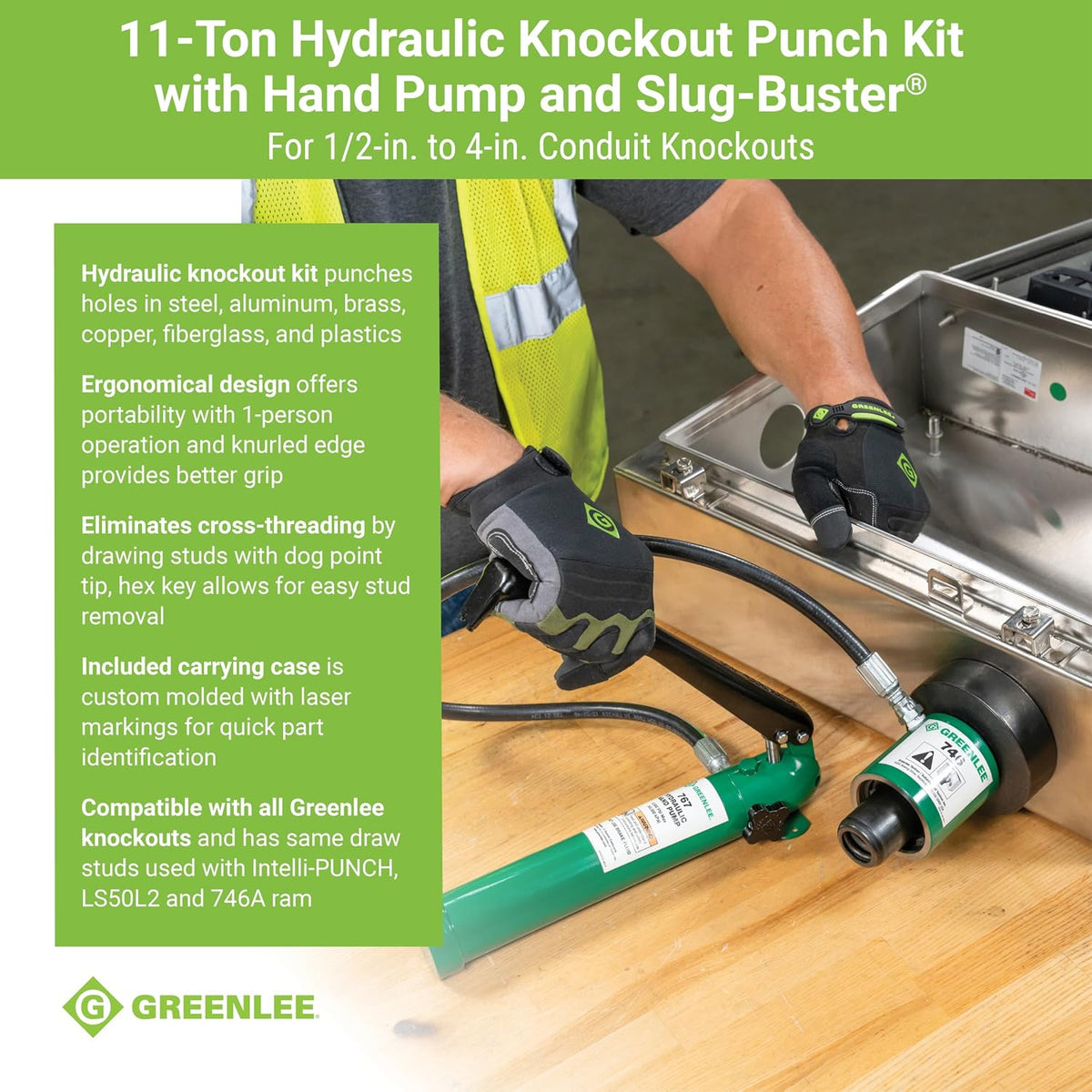 Greenlee 7310SB 11-Ton Hydraulic Knockout Punch Kit with Hand Pump, Ram, 1/2' to 4' Slug-Buster Punches, Dies, and Hydraulic Draw Studs, Electrical Conduit Hole Cutter Kit
