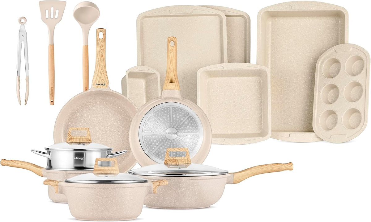 Bakken Master 20 Piece Cookware Set - Pots and Pans with Handle Grips and Tempered Glass Lids, With 6-piece Bakeware Set, Nonstick Granite Coating, Ceramic Max Temperature (Up To 500° F), Cream