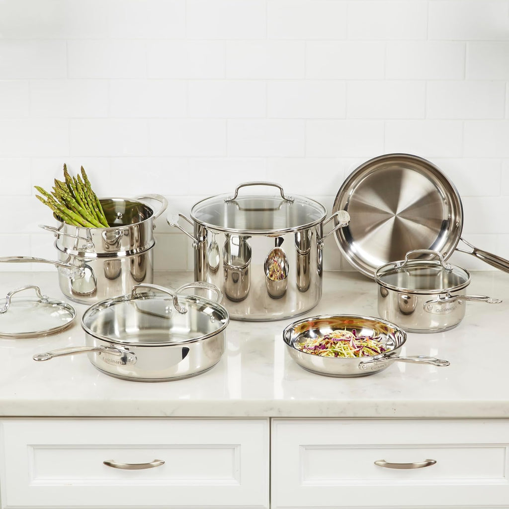 Cuisinart Chef's Classic 11-Piece Stainless Steel Pots and Pans Set, Cookware Set Compatible with Induction, Electric, Gas Cooktops, Aluminum Core for Even Heat, Cool Grip Handles, Dishwasher Safe