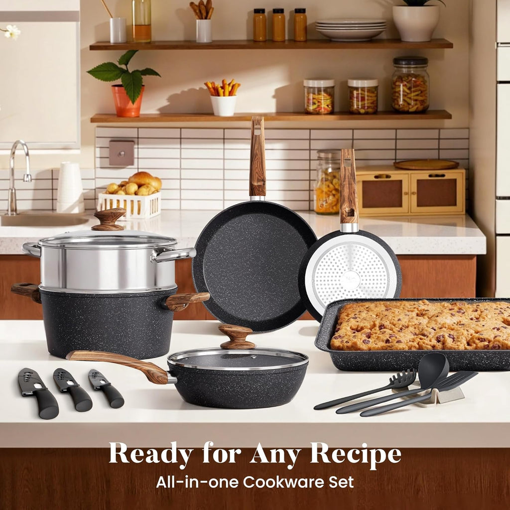 Kitchen Induction Cookware & Bakeware Set - 30 Piece Black Granite Cooking Pans Set, Non-Stick Pots and Pans Set