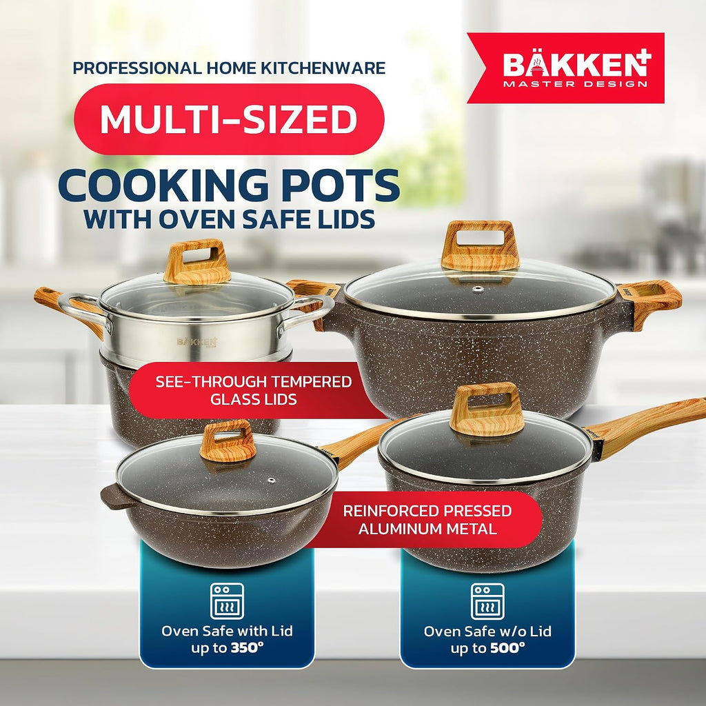 Bakken Master 20 Piece Cookware Set - Pots and Pans with Handle Grips and Tempered Glass Lids, With 6-piece Bakeware Set, Nonstick Granite Coating, Ceramic Max Temperature (Up To 500°F), Brown Marble