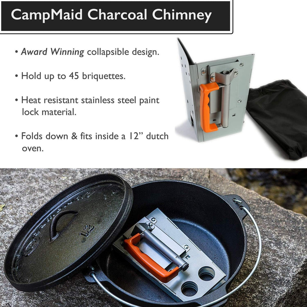 CampMaid Outdoor Cooking Set - Dutch Oven and Tools Set - Charcoal Holder & Cast Iron Grill Accessories - Camping Grill Set - Outdoor Cooking Essentials - Camp Kitchen Equipment - (8 Piece Set)