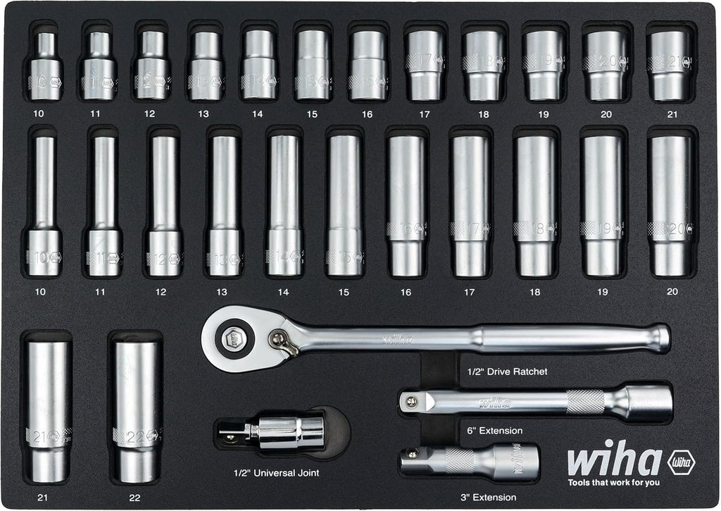 Wiha 33895 29 Piece 1/2' Drive Professional Standard and Deep Socket Tray Set - Metric