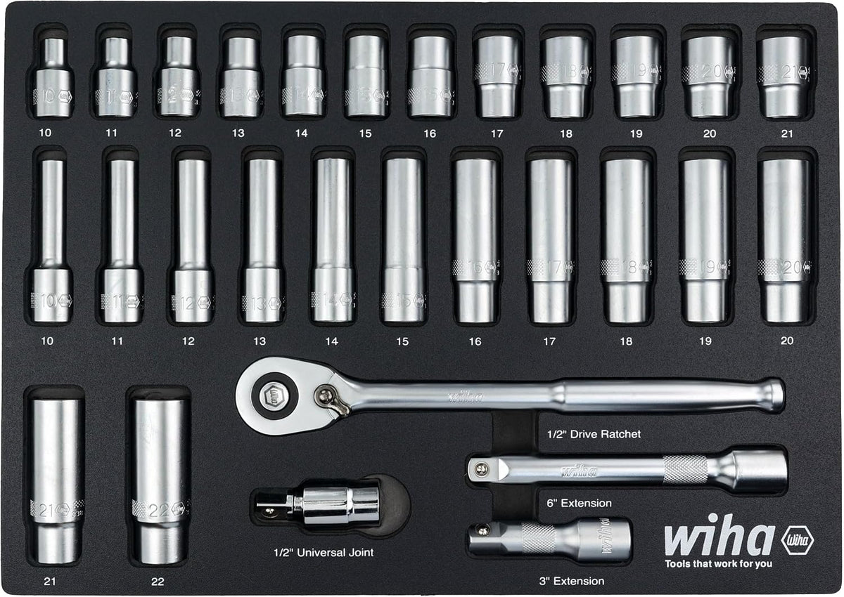 Wiha 33895 29 Piece 1/2' Drive Professional Standard and Deep Socket Tray Set - Metric