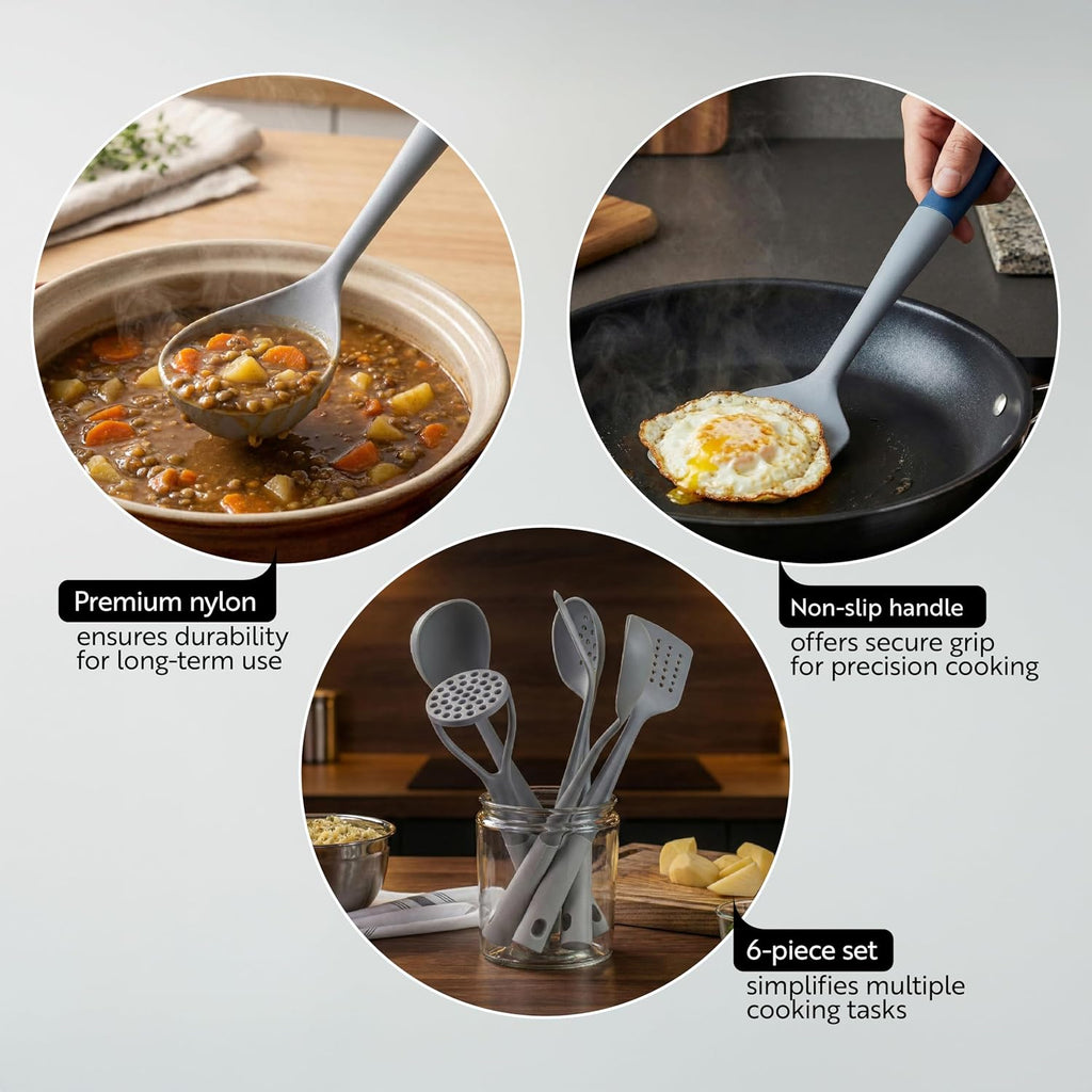 Restaurantware Silicone Utensil Set Pack of 10 Non-Slip Handle 6-Piece Nylon Kitchen Tool Set, Heat-Resistant Dishwasher-Friendly Cooking Accessories, Durable Gray and White Cooking Utensils