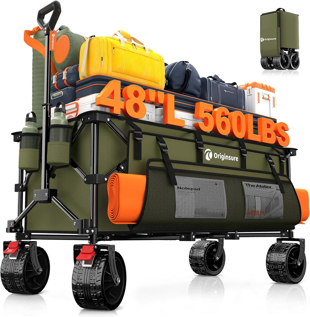 Originsure 48' L Collapsible Wagon Cart Foldable, 560lbs Weight Capacity 300L Heavy Duty Folding Beach Wagons with Big All-Terrain Wheels, Utility Carts for Groceries, Camping, Sports - Green