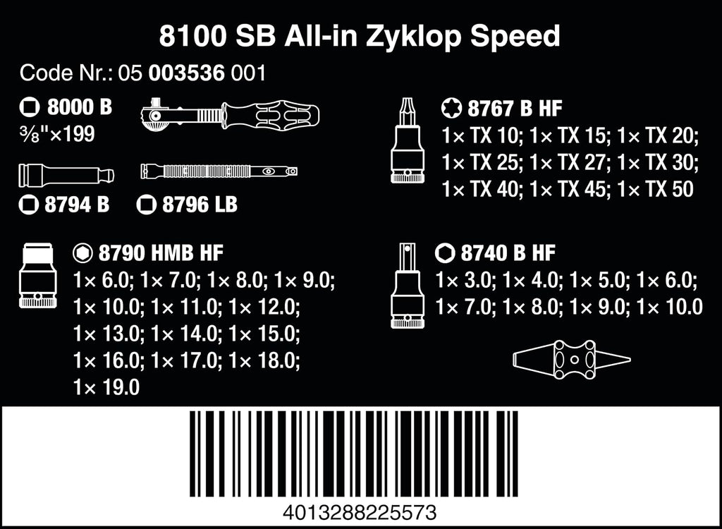 Wera - 05003536001 - Ratchet set, 8100 SB All-in Zyklop Speed ratchet set, 3/8' drive, 35 pieces