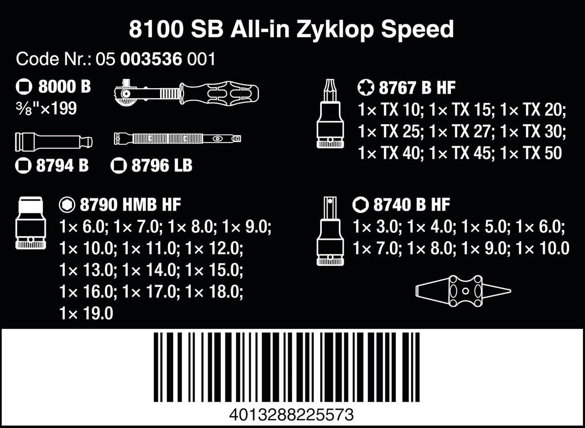 Wera - 05003536001 - Ratchet set, 8100 SB All-in Zyklop Speed ratchet set, 3/8' drive, 35 pieces