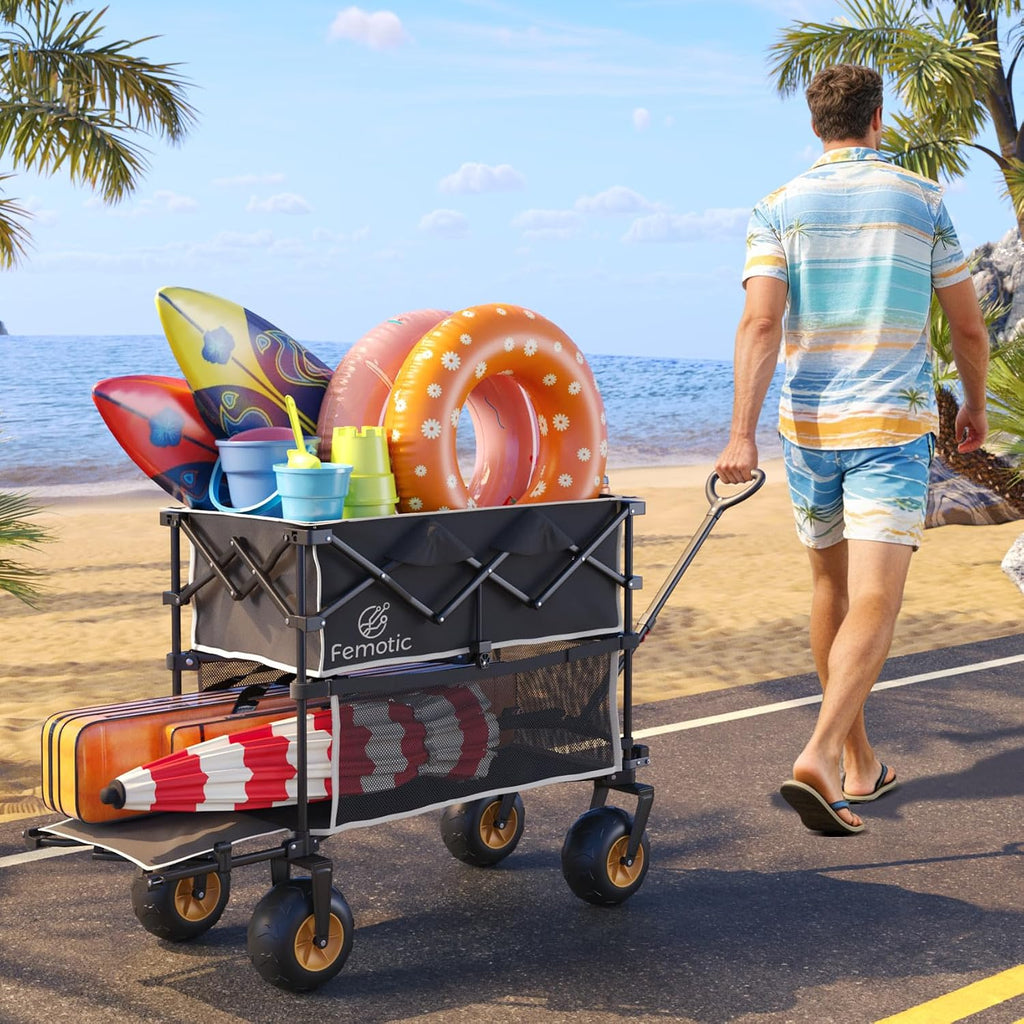 Beach Wagon with Big Wheels for Sand,Heavy Duty Double Decker Wagon with Extender,400L Extra Large Foldable Wagon Cart with 9' All Terrain Inflatable Tires,for Beach Camping Garden and Sports, Black