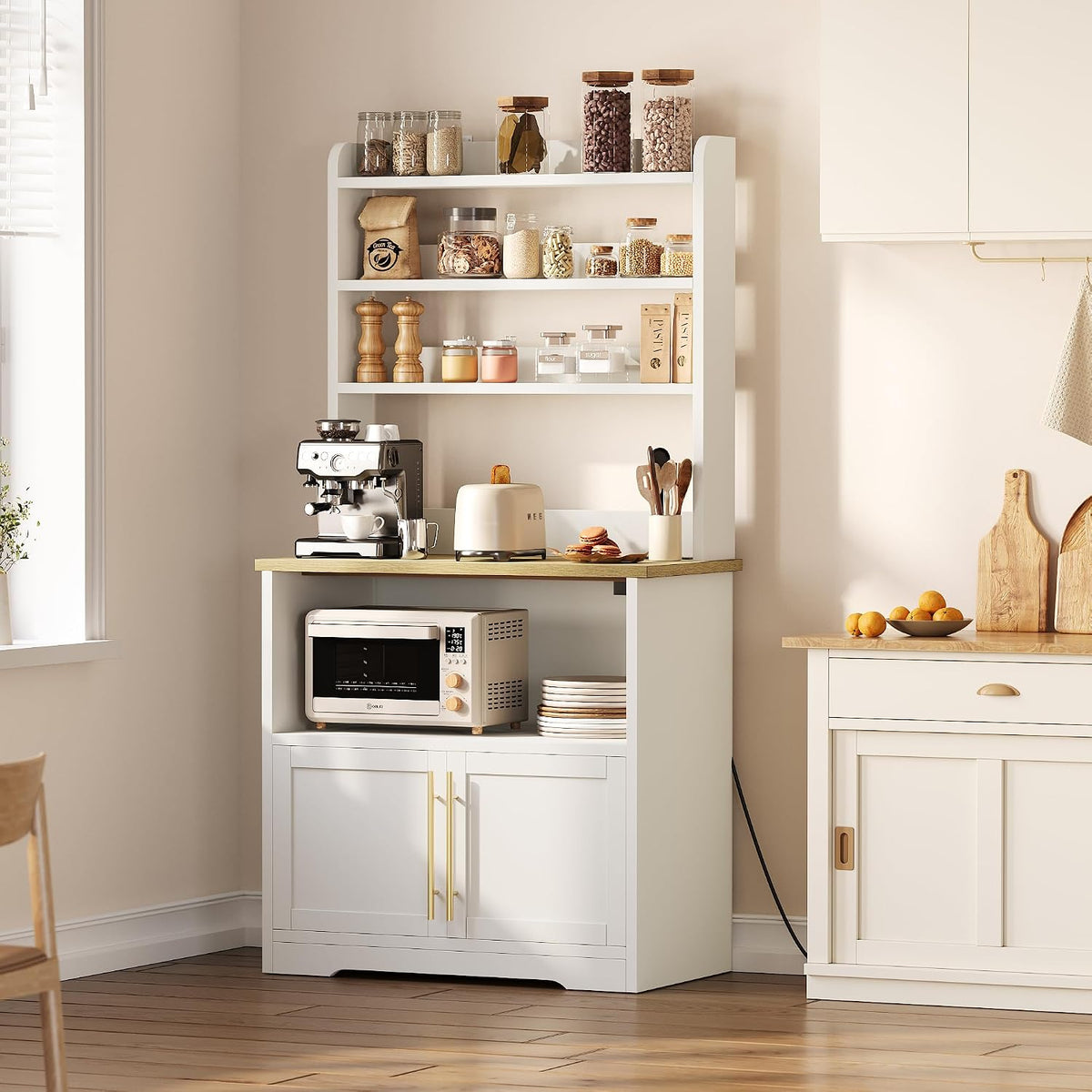 Bakers Rack with Storage Cabinet, Farmhouse Microwave Stand with Power Outlets, Small Kitchen Bakers Rack with Thick Table Top, Coffee Bar Station for Dining Room, White & Peer Wood