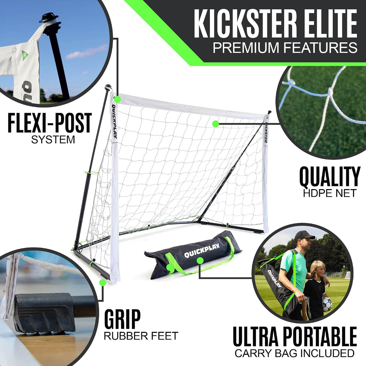 QuickPlay Kickster Elite Portable Soccer Goals - Ultra Fast Setup Weighted Training Goals for Backyard, Turf & Indoor Use - Durable Soccer Nets for Home & Team Practice