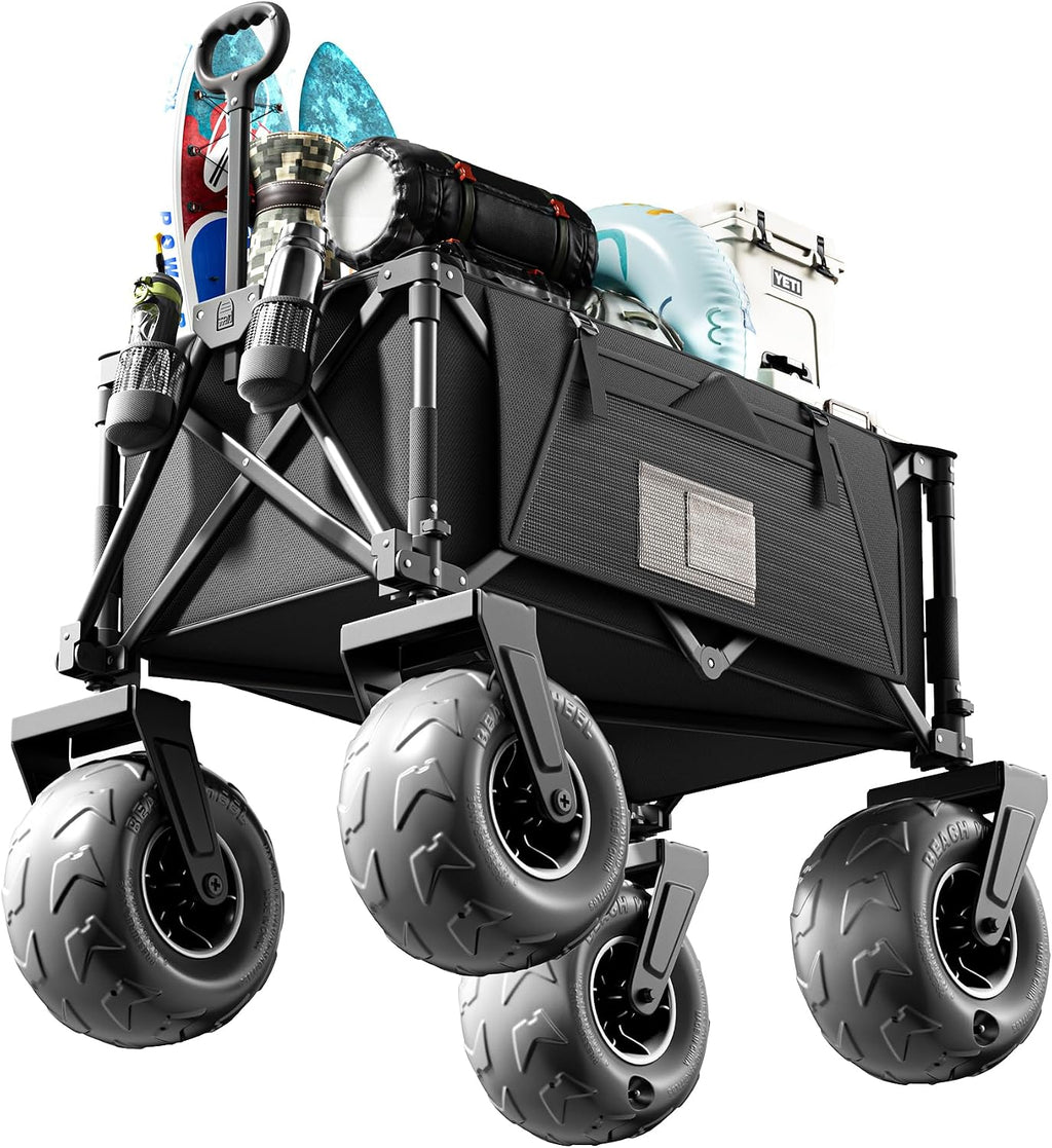 DXZ Beach Wagon Cart with Big Wheels for Sand – Folding Collapsible Wagon, Heavy Duty Wagons Carts Foldable for Beach, Camping, Outdoor Gear, Easy Setup Black Grey