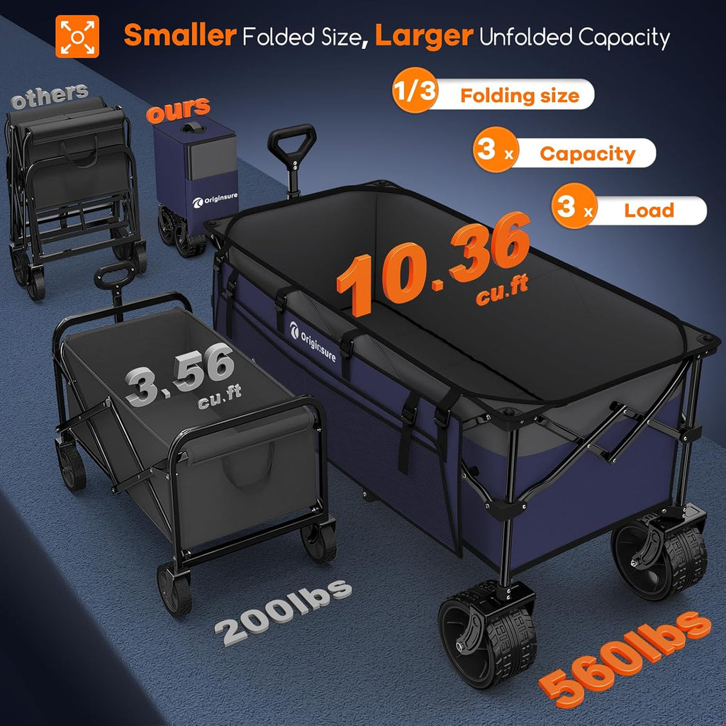 Originsure 48' L Collapsible Wagon Cart Foldable, 560lbs Weight Capacity 300L Heavy Duty Folding Beach Wagons with Big All-Terrain Wheels, Utility Carts for Groceries, Camping, Sports - Grey&Purple