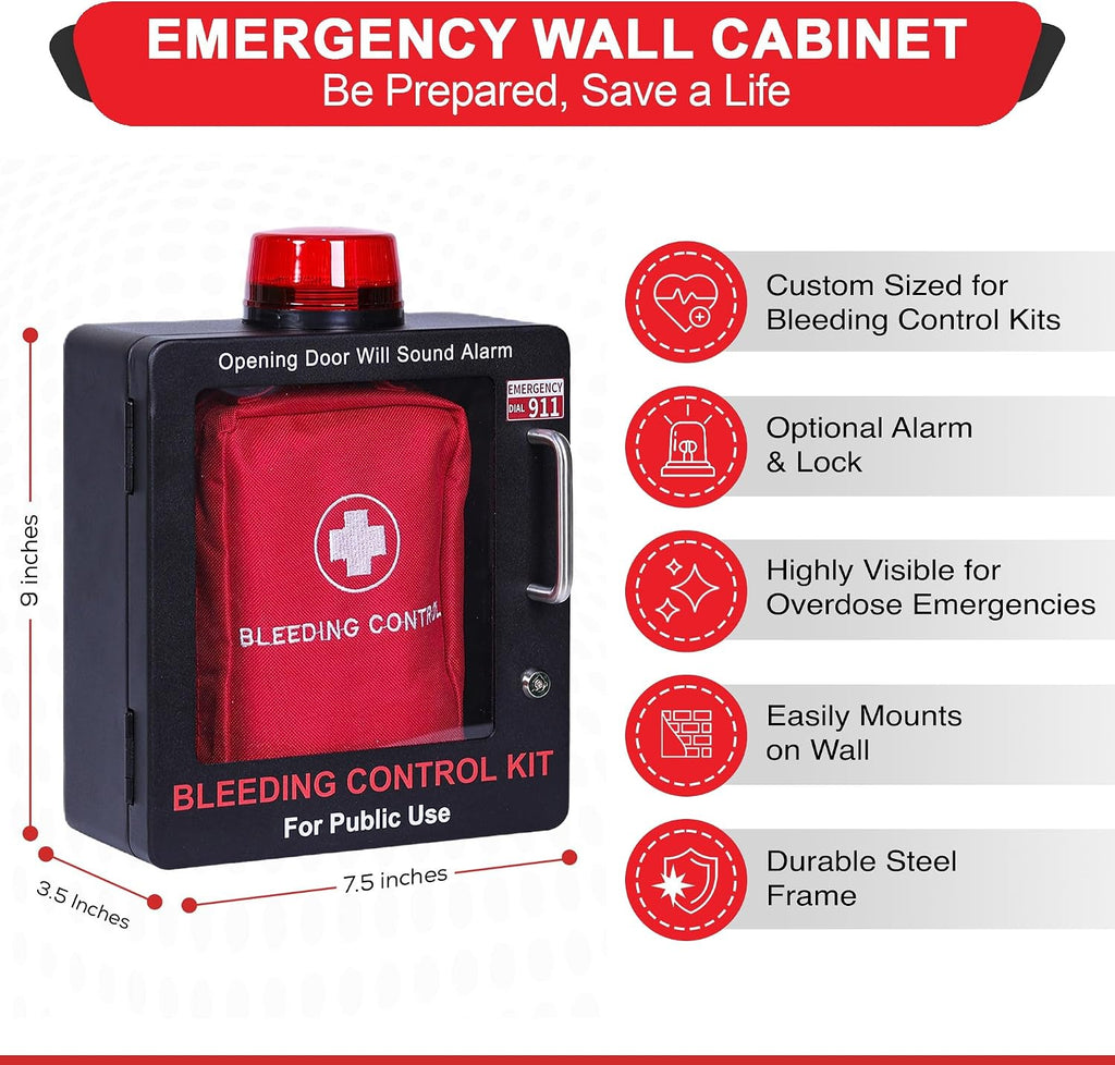 Bleeding Control Kit + Emergency Wall Mount Cabinet | Optional Lock & Alarm Feature Included (Black)